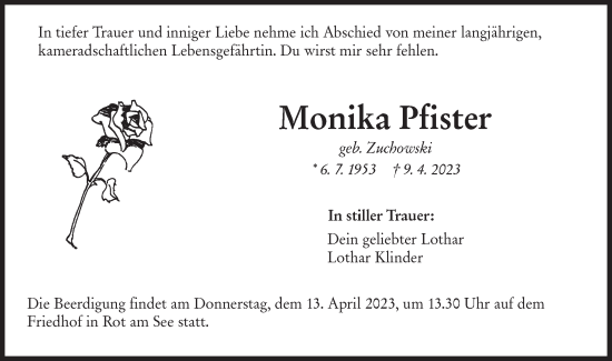 Traueranzeige von Monika Pfister von Hohenloher Tagblatt