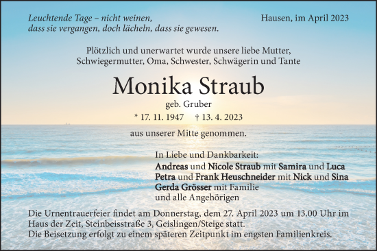 Traueranzeige von Monika Straub von Geislinger Zeitung