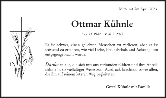 Traueranzeige von Ottmar Kühnle von Rundschau Gaildorf