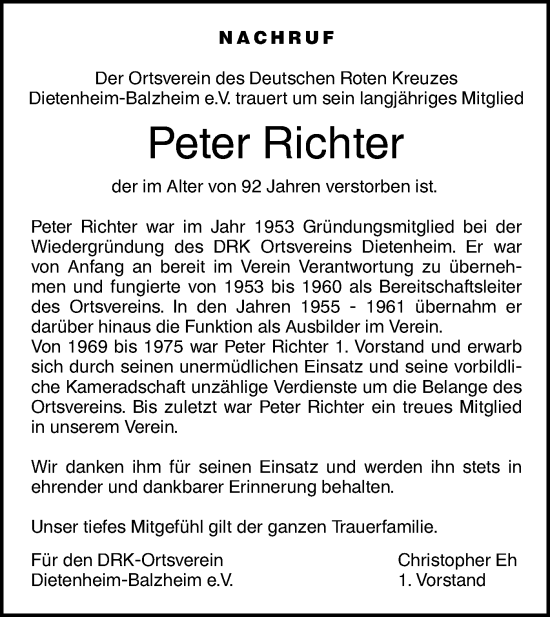 Traueranzeige von Peter Richter von SÜDWEST PRESSE Ausgabe Ulm/Neu-Ulm