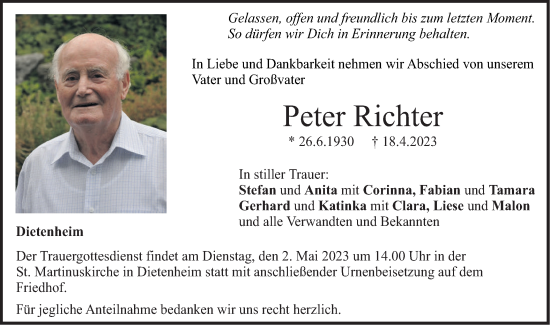 Traueranzeige von Peter Richter von SÜDWEST PRESSE Ausgabe Ulm/Neu-Ulm