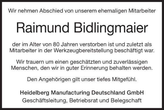 Traueranzeige von Raimund Bidlingmaier von Geislinger Zeitung