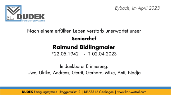 Traueranzeige von Raimund Bidlingmaier von Geislinger Zeitung