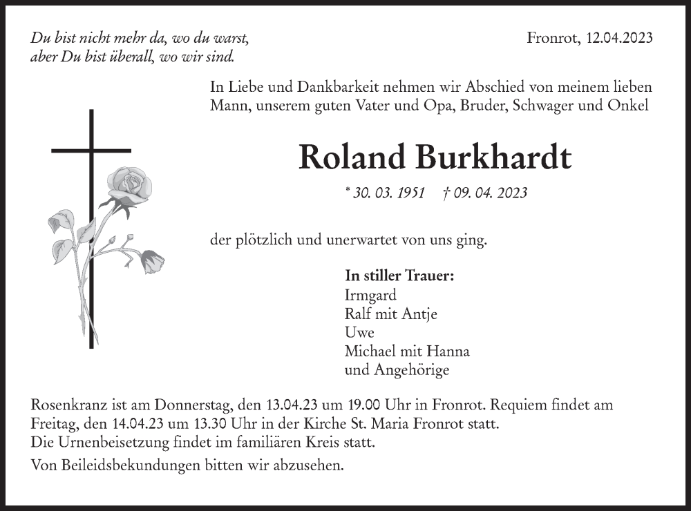  Traueranzeige für Roland Burkhardt vom 12.04.2023 aus Haller Tagblatt