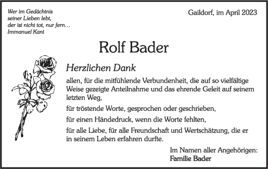 Traueranzeige von Rolf Bader von Rundschau Gaildorf