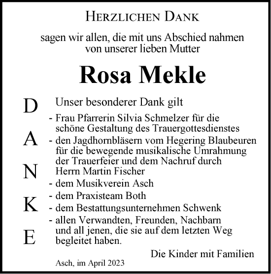 Traueranzeige von Rosa Mekle von SÜDWEST PRESSE Ausgabe Ulm/Neu-Ulm