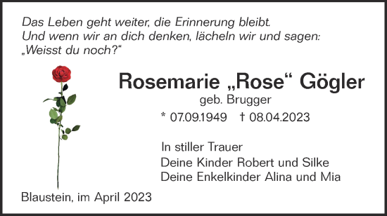 Traueranzeige von Rosemarie Gögler von SÜDWEST PRESSE Ausgabe Ulm/Neu-Ulm