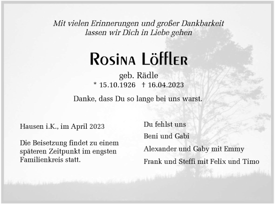 Traueranzeige von Rosina Löffler von Metzinger-Uracher Volksblatt