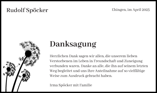 Traueranzeige von Rudolf Spöcker von Ehinger Tagblatt