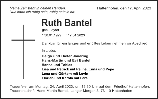 Traueranzeige von Ruth Bantel von NWZ Neue Württembergische Zeitung