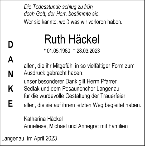 Traueranzeige von Ruth Häckel von SÜDWEST PRESSE Ausgabe Ulm/Neu-Ulm