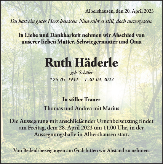 Traueranzeige von Ruth Häderle von NWZ Neue Württembergische Zeitung