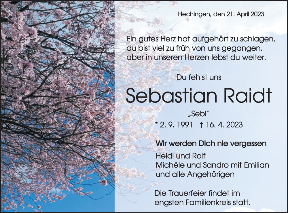  Traueranzeige für Sebastian Raidt vom 21.04.2023 aus Metzinger-Uracher Volksblatt