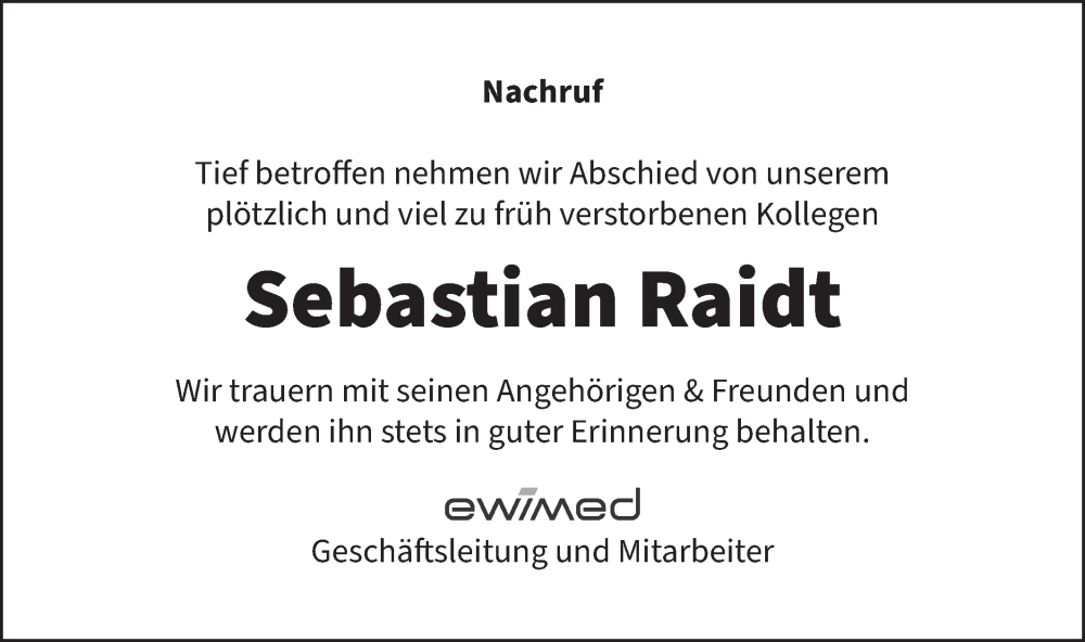  Traueranzeige für Sebastian Raidt vom 21.04.2023 aus Metzinger-Uracher Volksblatt