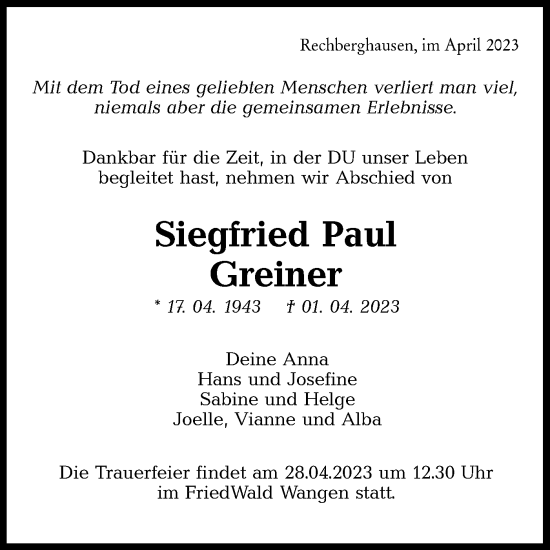 Traueranzeige von Siegfried Greiner von NWZ Neue Württembergische Zeitung/Geislinger Zeitung