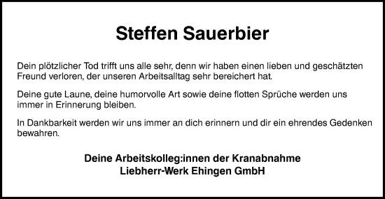 Traueranzeige von Steffen Sauerbier von Ehinger Tagblatt