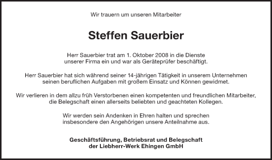 Traueranzeige von Steffen Sauerbier von Ehinger Tagblatt