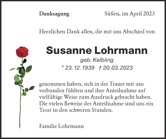 Traueranzeige von Susanne Lohrmann von NWZ Neue Württembergische Zeitung/Geislinger Zeitung