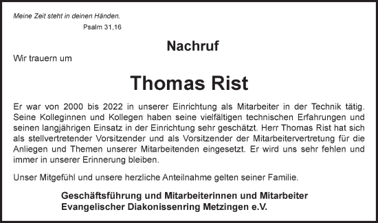 Traueranzeige von Thomas Rist von Metzinger-Uracher Volksblatt