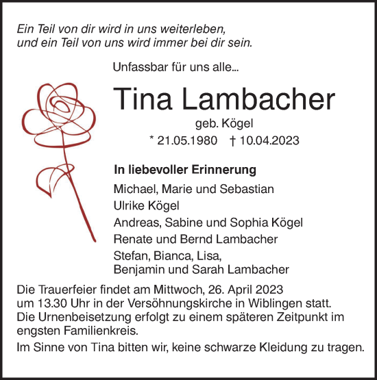 Traueranzeige von Tina Lambacher von SÜDWEST PRESSE Ausgabe Ulm/Neu-Ulm