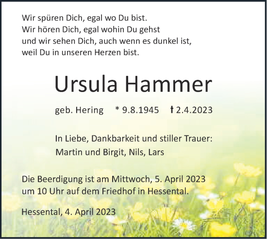 Traueranzeige von Ursula Hammer von Haller Tagblatt