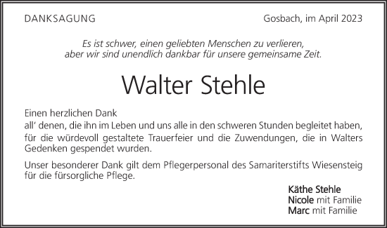 Traueranzeige von Walter Stehle von Geislinger Zeitung