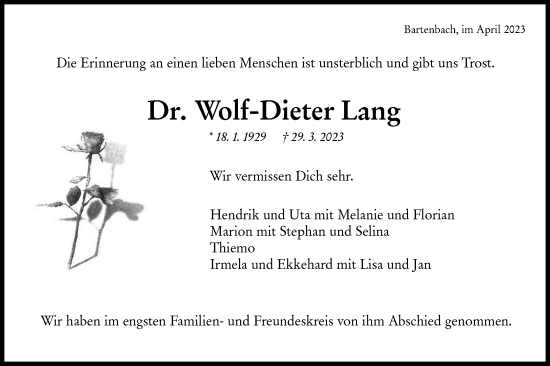 Traueranzeige von Wolf-Dieter Lang von NWZ Neue Württembergische Zeitung