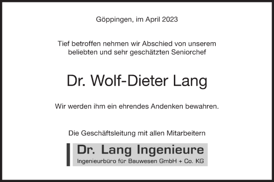 Traueranzeige von Wolf-Dieter Lang von NWZ Neue Württembergische Zeitung