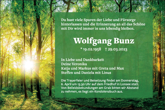 Traueranzeige von Wolfgang Bunz von SÜDWEST PRESSE Ausgabe Ulm/Neu-Ulm