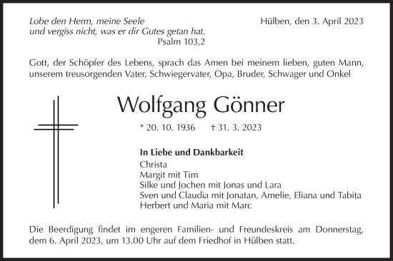 Traueranzeige von Wolfgang Gönner von Metzinger-Uracher Volksblatt