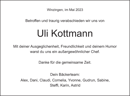 Traueranzeige von Uli Kottmann von NWZ Neue Württembergische Zeitung