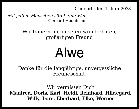 Traueranzeige von Alwe  von SÜDWEST PRESSE