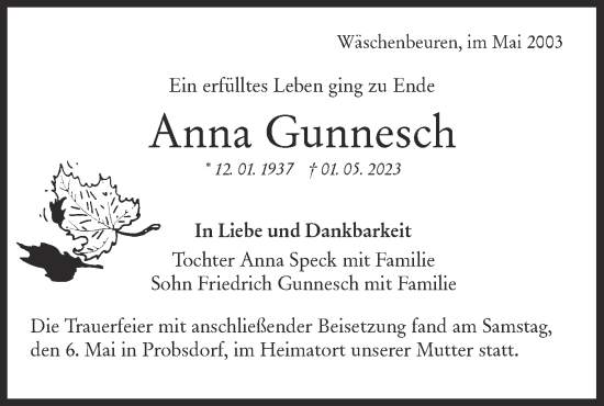 Traueranzeige von Anna Gunnesch von NWZ Neue Württembergische Zeitung