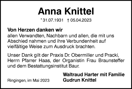 Traueranzeige von Anna Knittel von SÜDWEST PRESSE Ausgabe Ulm/Neu-Ulm