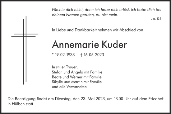 Traueranzeige von Annemarie Kuder von Metzinger-Uracher Volksblatt