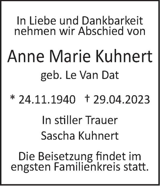 Traueranzeige von Anne Marie Kuhnert von SÜDWEST PRESSE Ausgabe Ulm/Neu-Ulm