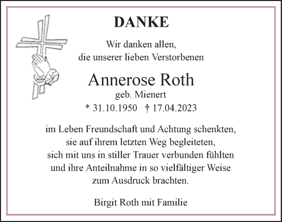 Traueranzeige von Annerose Roth von SÜDWEST PRESSE