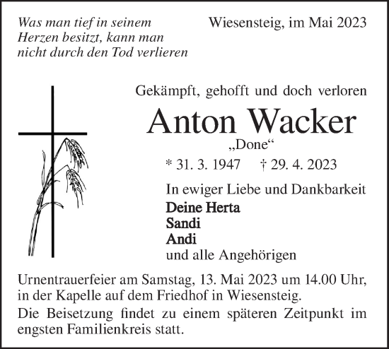 Traueranzeige von Anton Wacker von Geislinger Zeitung