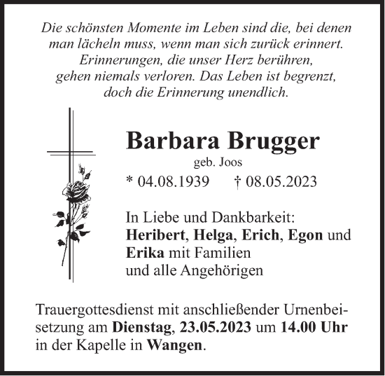 Traueranzeige von Barbara Brugger von SÜDWEST PRESSE Ausgabe Ulm/Neu-Ulm