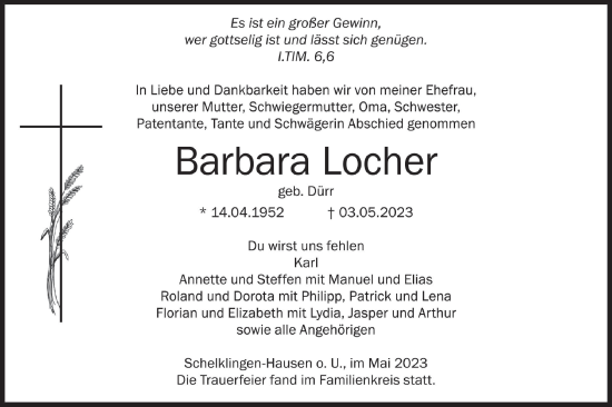 Traueranzeige von Barbara Locher von Ehinger Tagblatt