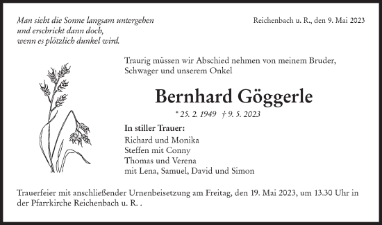 Traueranzeige von Bernhard Göggerle von SÜDWEST PRESSE