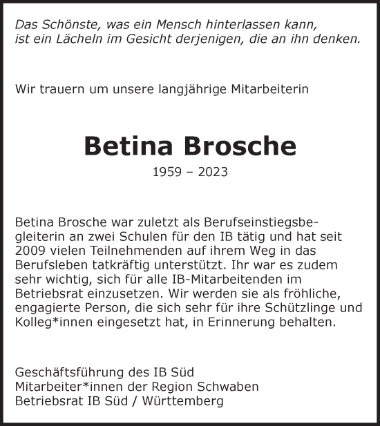 Traueranzeige von Betina Brosche von NWZ Neue Württembergische Zeitung