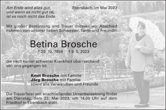 Traueranzeige von Betina Brosche von NWZ Neue Württembergische Zeitung