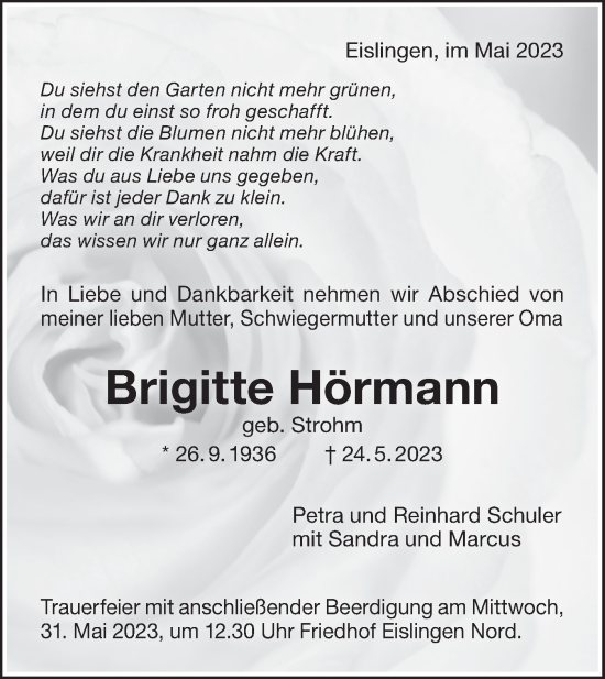 Traueranzeige von Brigitte Hörmann von SÜDWEST PRESSE