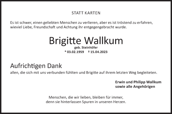 Traueranzeige von Brigitte Wallkum von Hohenloher Tagblatt