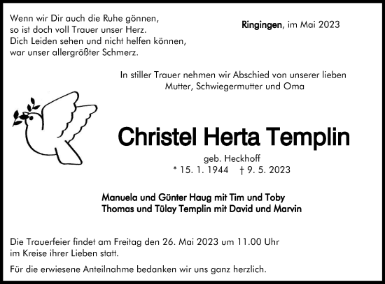 Traueranzeige von Christel Herta Templin von SÜDWEST PRESSE