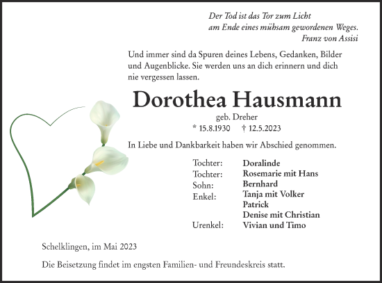 Traueranzeige von Dorothea Hausmann von Ehinger Tagblatt