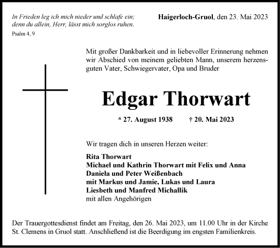 Traueranzeige von Edgar Thorwart von SÜDWEST PRESSE