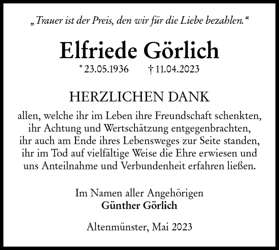 Traueranzeige von Elfriede Görlich von Hohenloher Tagblatt