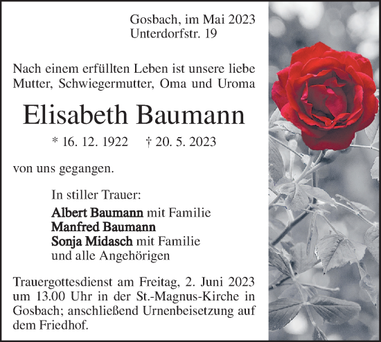 Traueranzeige von Elisabeth Baumann von SÜDWEST PRESSE